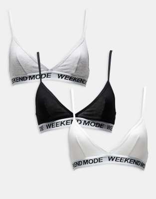 Brave Soul 3 pack cotton triangle bralettes with contrast print band in black white and grey-Multi φωτογραφία