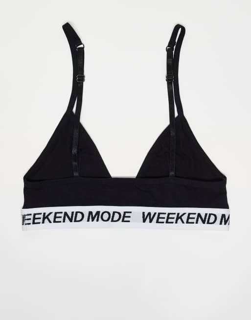 Brave Soul 3 pack cotton triangle bralettes with contrast print band in black, white and grey, 3 of 3