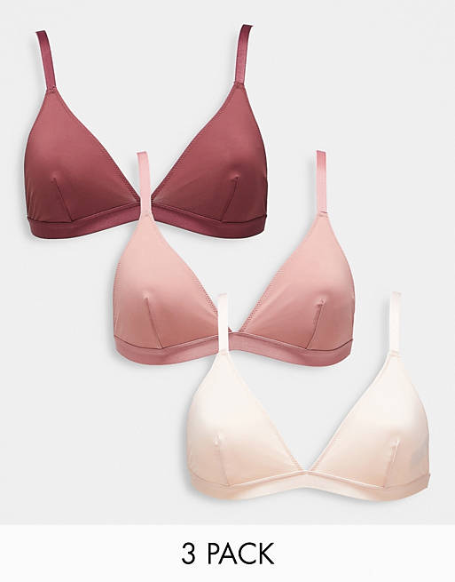 Brave Soul 3 pack microfibre bra in dusky pink, raspberry and sand