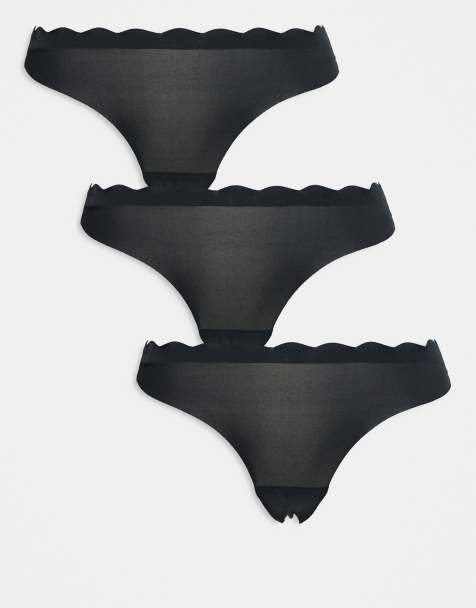 Brave Soul 3 pack microfibre thongs with scalloped edge in black - view 1