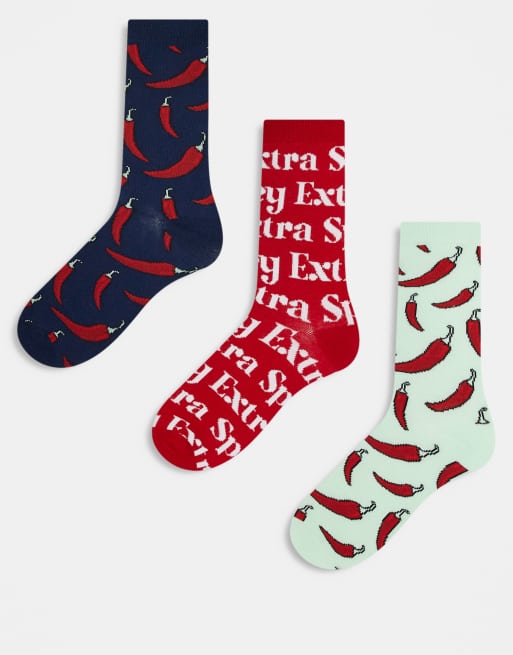 Brave Soul – 3er-Pack Socken in Blau, Rot, Grün mit Chilli-Muster