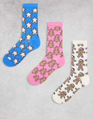 Brave Soul - 3er-Pack Socken mit Weihnachtsplätzchenmuster in verschiedenen Farben-Bunt