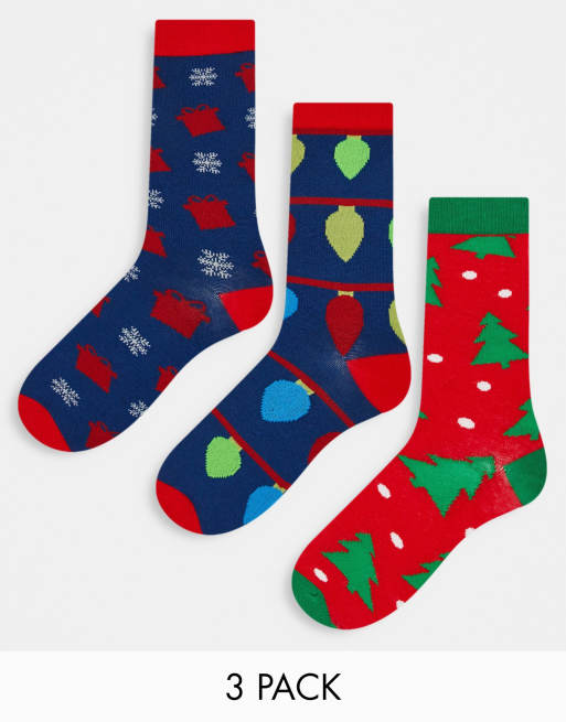 Brave Soul – 3er-Pack Weihnachtssocken in Rot und Grün mit Weihnachtsbaum-Motiv und anderen Motiven