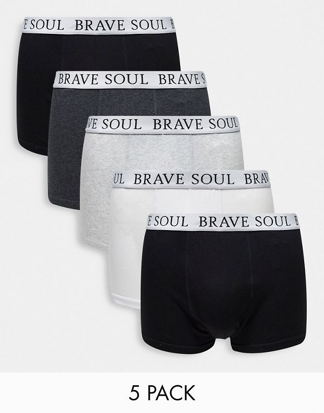 Brave Soul 5 pack boxers with logo waistband in black gray and white