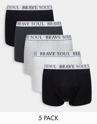 Brave Soul 5 pack boxers with logo waistband in black gray and white - ASOS Price Checker