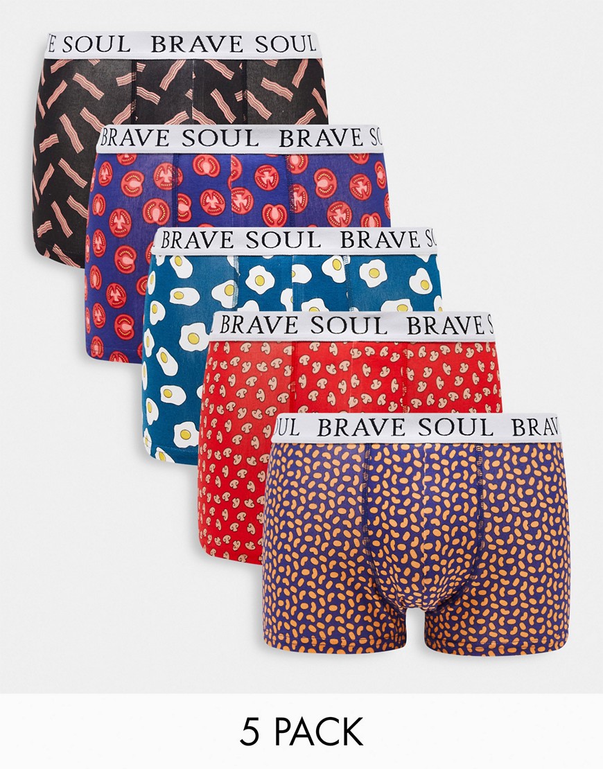 Brave Soul 5 pack boxers with logo waistband in orange breakfast print