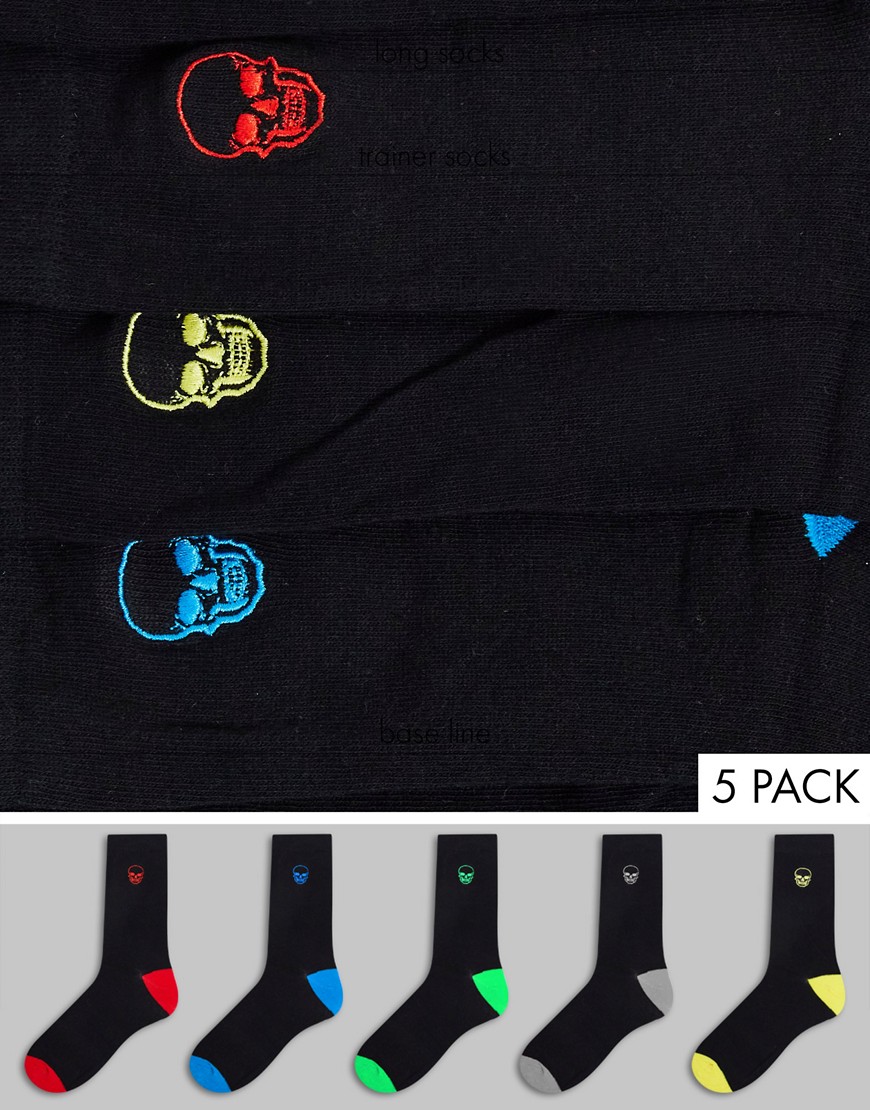 Brave Soul 5 pack socks with skull embroidery in black