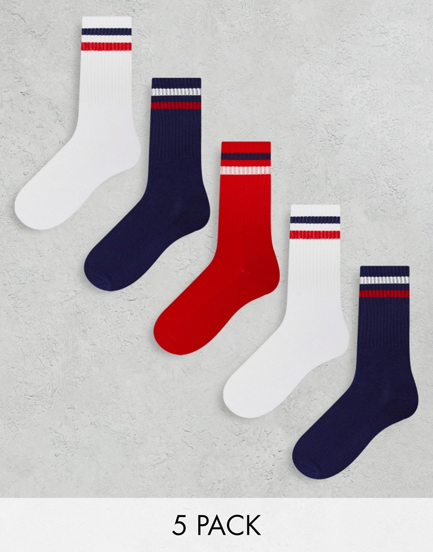 Brave Soul 5 pack sports striped socks in navy red and white