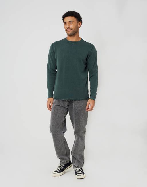 Brave Soul Acid wash crew neck jumper in dark green, 3 of 4