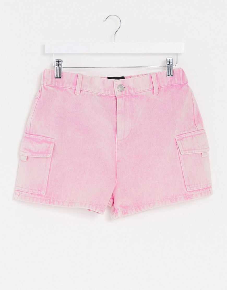 Brave Soul acid wash denim utility shorts in pink