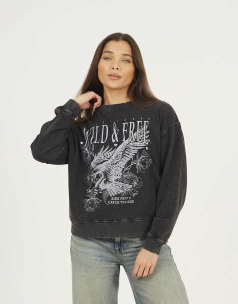 Brave Soul Acid wash graphic print sweatshirt in black