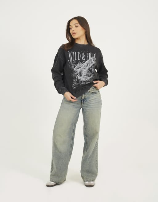 Brave Soul Acid wash graphic print sweatshirt in black, 4 of 4