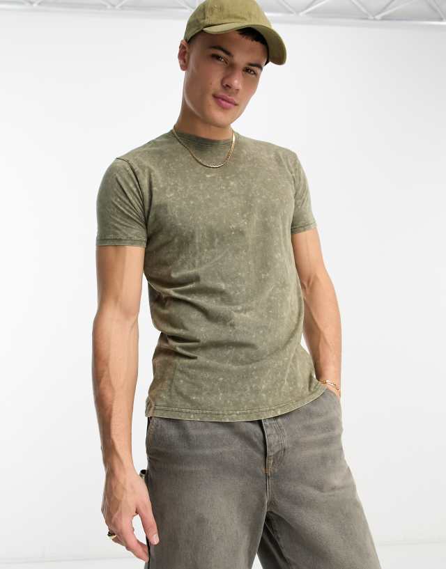 Brave Soul - acid wash t-shirt in olive green