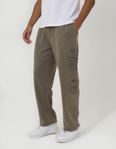Brave Soul Acid wash wide leg cargo joggers in taupe - view 1