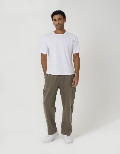 Brave Soul Acid wash wide leg cargo joggers in taupe, 3 of 4