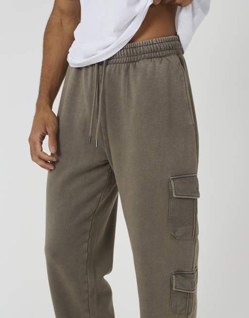 Brave Soul Acid wash wide leg cargo joggers in taupe, 4 of 4