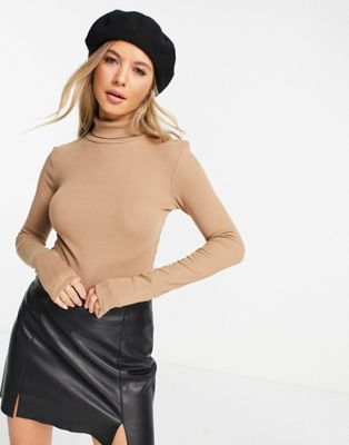 Brave Soul adrian long sleeve roll neck top in camel