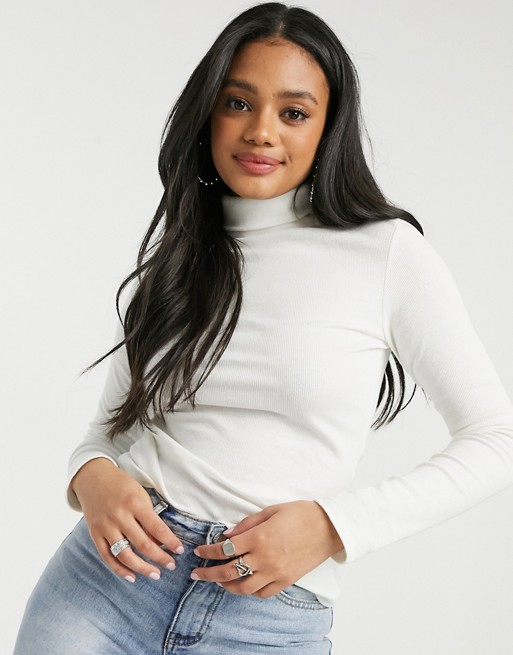 Brave Soul adrian long sleeve roll neck top in cream