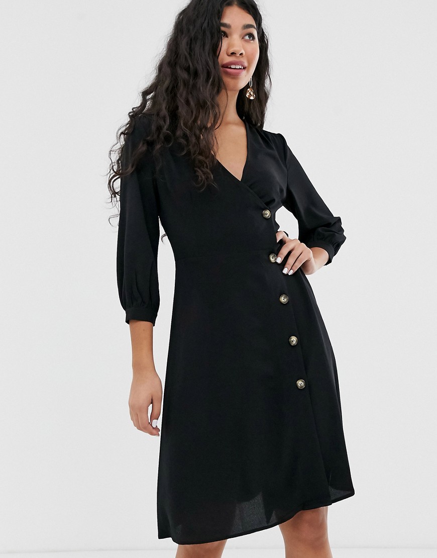 Brave Soul ahana wrap dress with button throuh detail-Black
