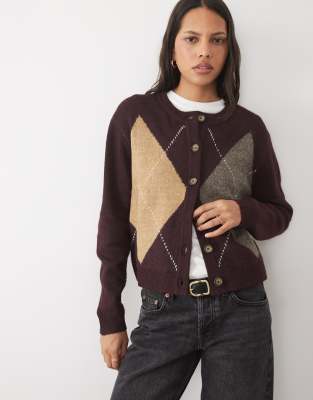 Brave Soul All Over Argyle Print Cardigan In Red