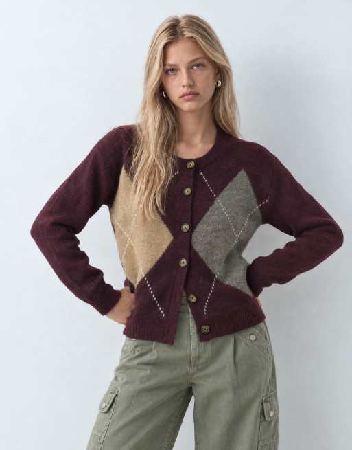 Brave Soul all over argyle print cardigan in plum, 7 of 9