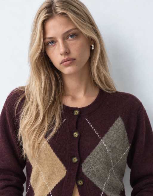 Brave Soul all over argyle print cardigan in plum, 8 of 9