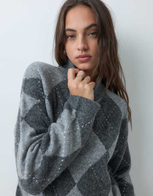 Brave Soul all over argyle print turtleneck jumper charcoal grey, 3 of 5
