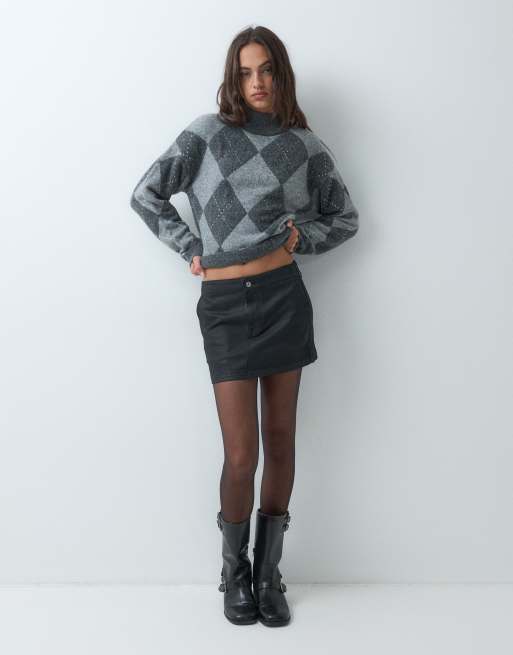Brave Soul all over argyle print turtleneck jumper charcoal grey, 4 of 5