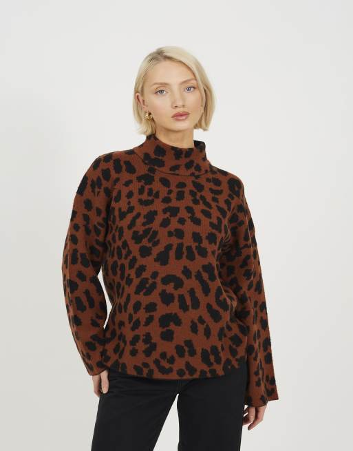 Brave Soul Animal jacquard turtle neck tunic jumper in brown