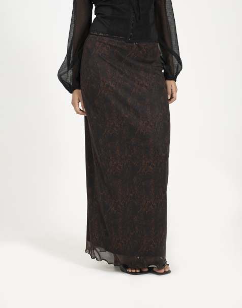 Brave Soul Animal print mesh maxi skirt in brown