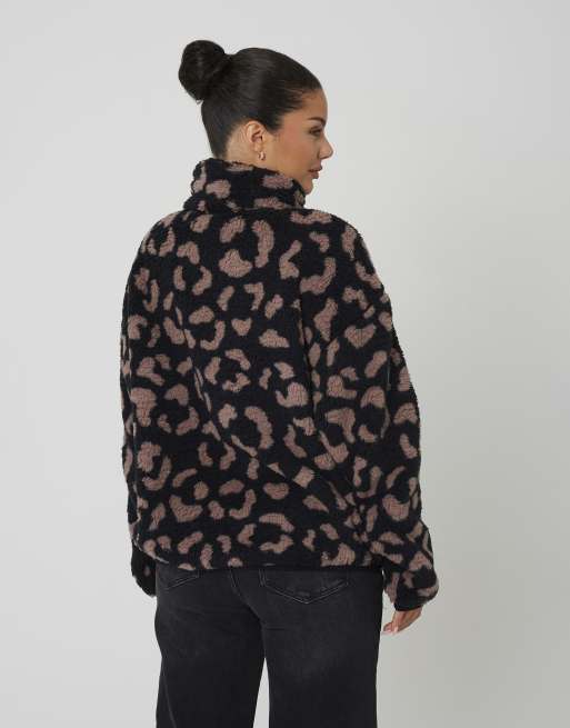 Brave Soul Animal print sherpa fleece sweatshirt in black, 2 of 4