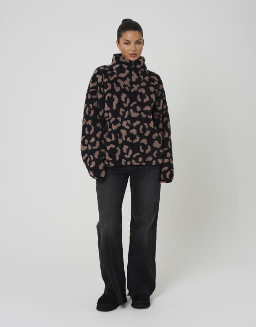 Brave Soul Animal print sherpa fleece sweatshirt in black, 3 of 4