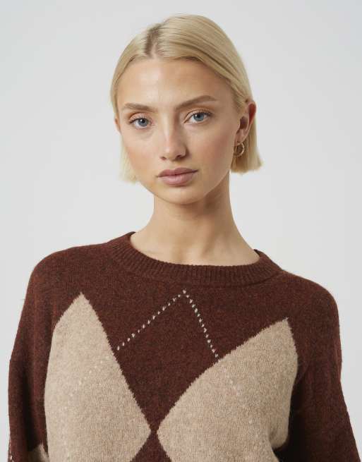 Brave Soul Argyle crew neck jumper in brown, 4 of 4