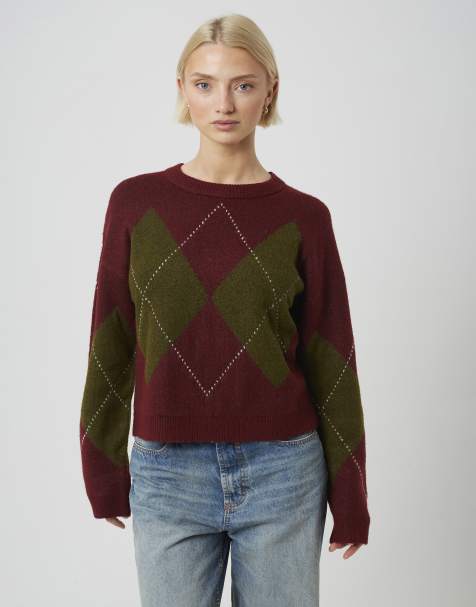 Brave Soul Argyle crew neck jumper in wine - view 1