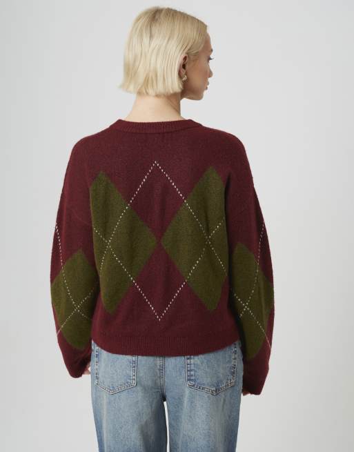 Brave Soul Argyle crew neck jumper in wine, 2 of 4