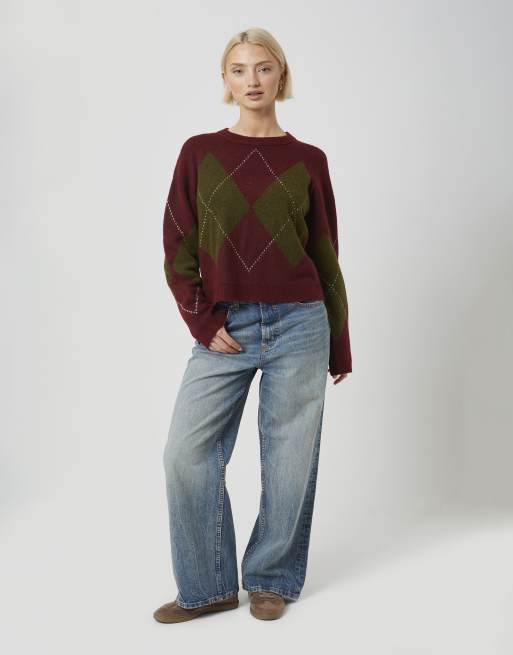 Brave Soul Argyle crew neck jumper in wine, 3 of 4