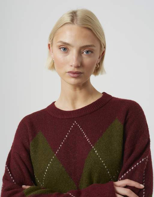 Brave Soul Argyle crew neck jumper in wine, 4 of 4