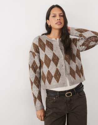 Brave Soul Argyle Print Cardigan In Multi