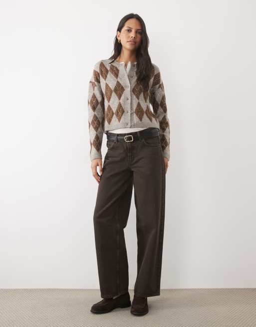 Brave Soul argyle print cardigan in mink and brown, 2 of 4