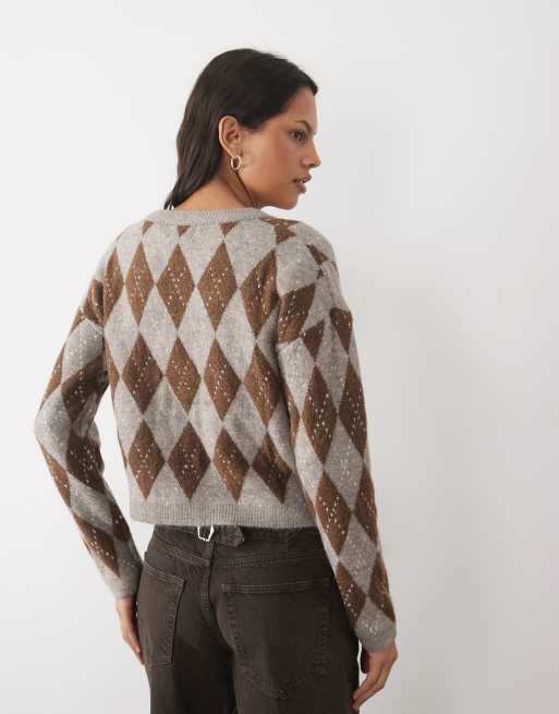 Brave Soul argyle print cardigan in mink and brown, 4 of 4