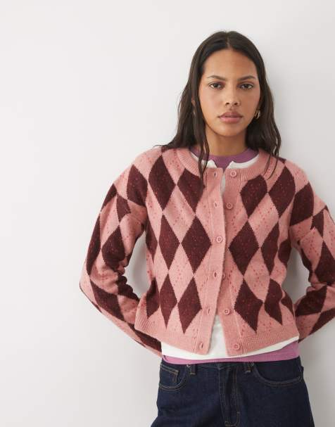 Brave Soul argyle print cardigan in pink and red - view 1