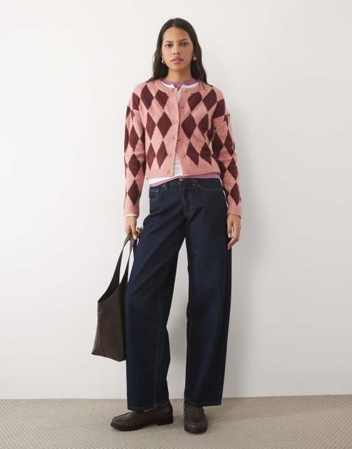 Brave Soul argyle print cardigan in pink and red, 2 of 4