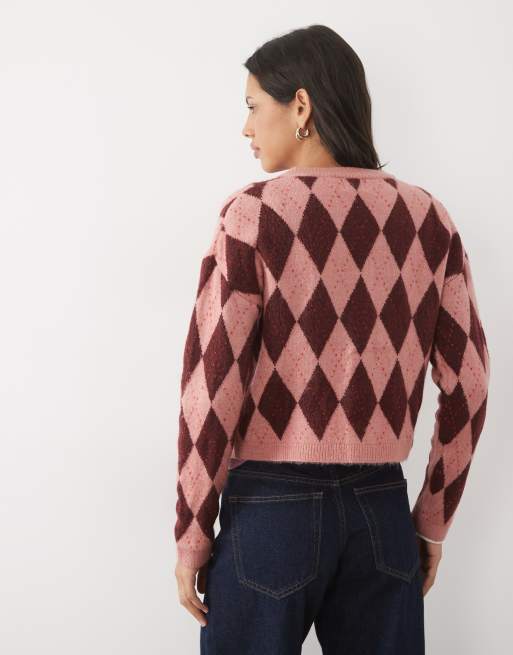 Brave Soul argyle print cardigan in pink and red, 4 of 4