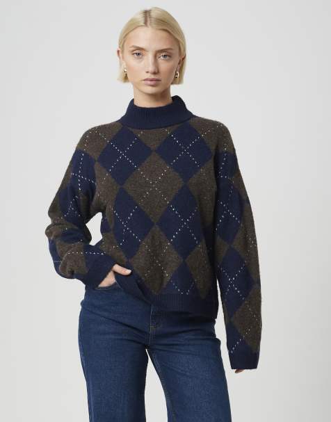 Brave Soul Argyle turtle neck jumper in navy - view 1