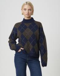 Brave Soul Argyle turtle neck jumper in navy
