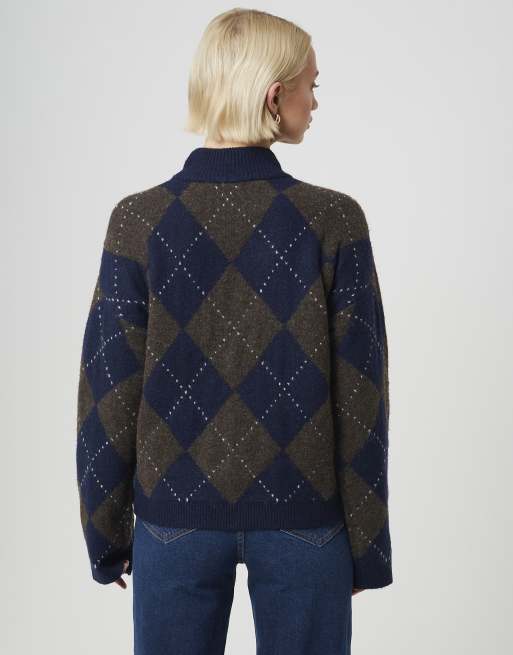 Brave Soul Argyle turtle neck jumper in navy, 2 of 4