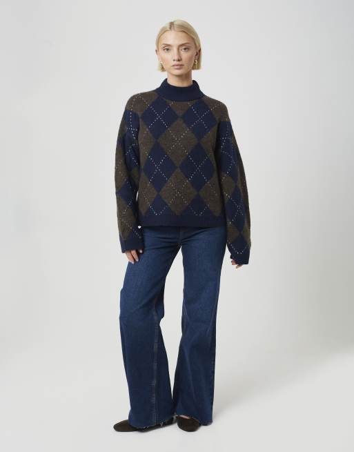 Brave Soul Argyle turtle neck jumper in navy, 3 of 4