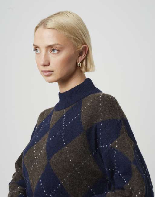 Brave Soul Argyle turtle neck jumper in navy, 4 of 4
