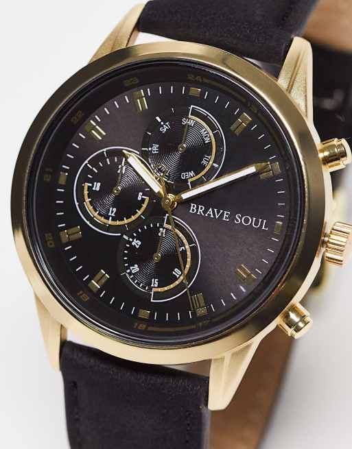 Brave Soul – Armbanduhr in Schwarz und Gold mit mehreren Zifferblättern