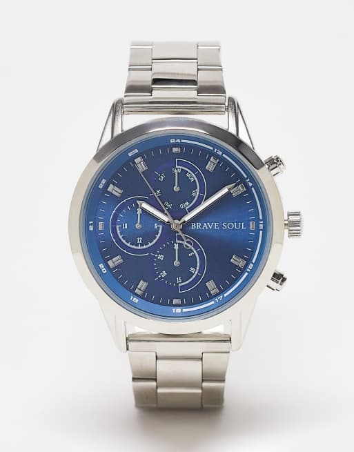 Brave Soul – Armbanduhr mit mehreren Zifferblättern und breitem Armband in Silber und Blau